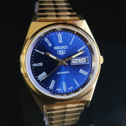 Vintage MOD Seiko 5 Gold Plated Automatic 17 Jewels Cal. 6319 Blue Face Men's Wrist Watch S133