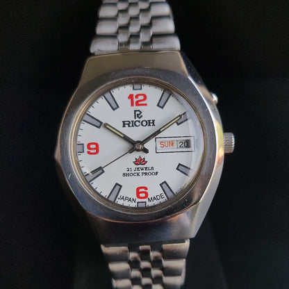 Vintage Ricoh R31 White Face Automatic 21 Jewels Jubliee Bracelet Men's Wrist Watch S143
