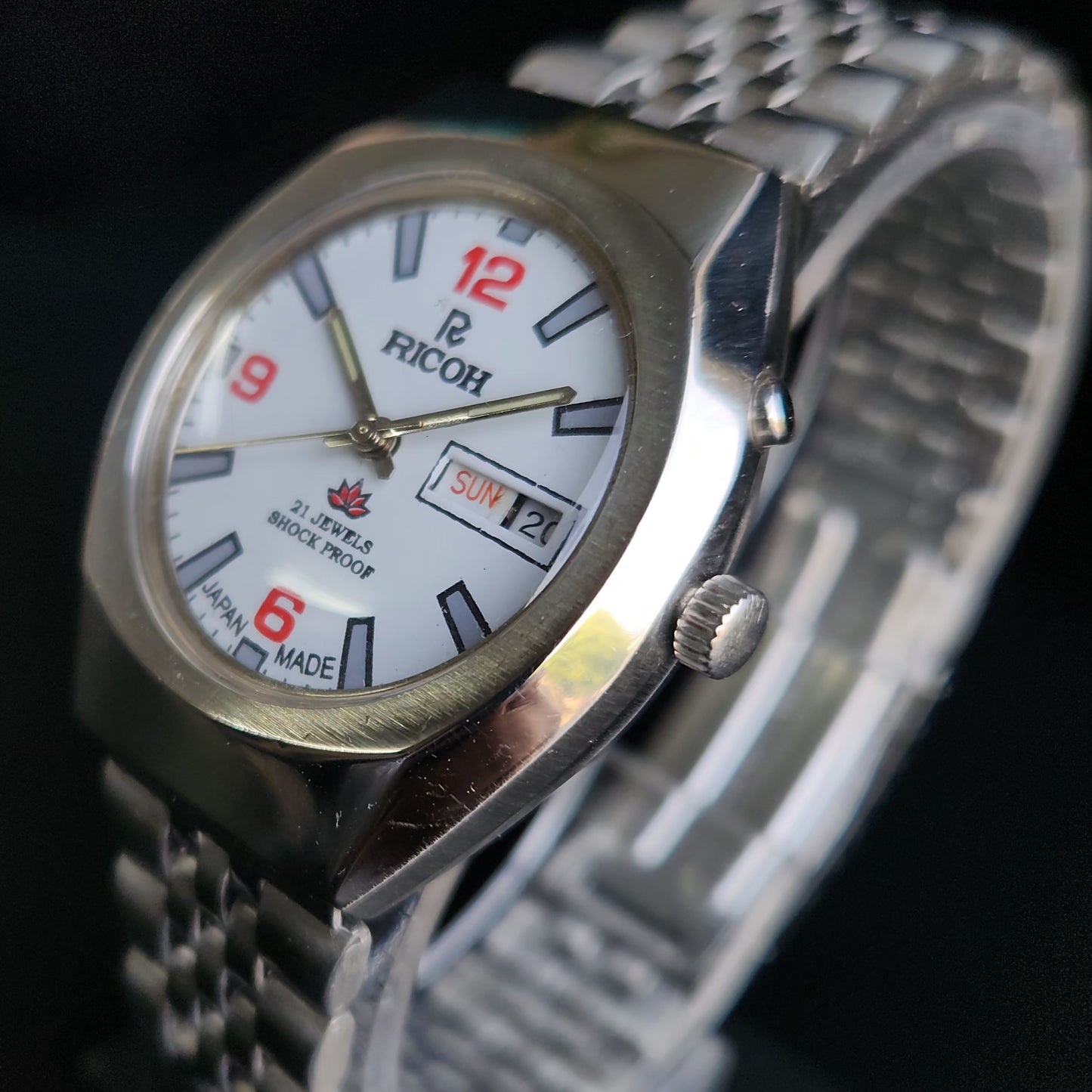 Vintage Ricoh R31 White Face Automatic 21 Jewels Jubliee Bracelet Men's Wrist Watch S143