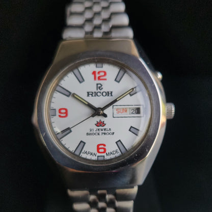 Vintage Ricoh R31 White Face Automatic 21 Jewels Jubliee Bracelet Men's Wrist Watch S143