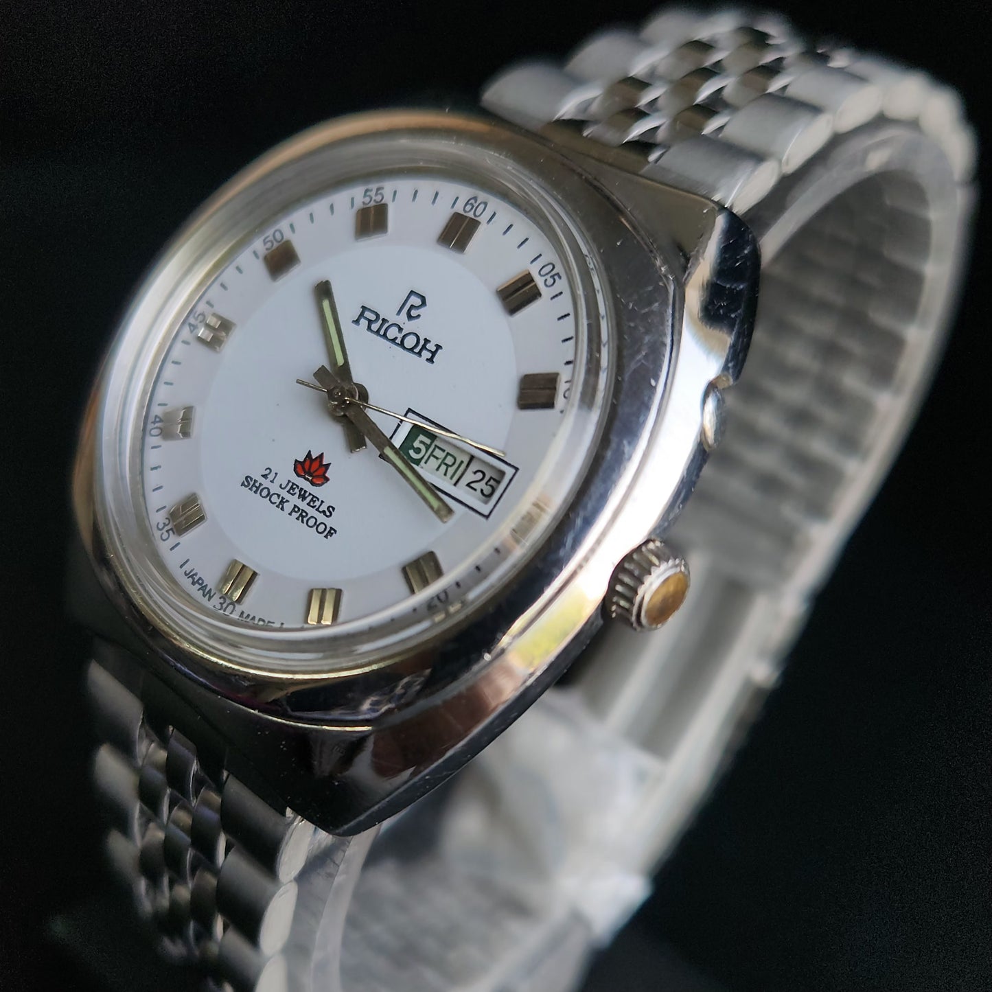Vintage Ricoh R31 White Face Automatic 21 Jewels Jubliee Bracelet Men's Wrist Watch S144