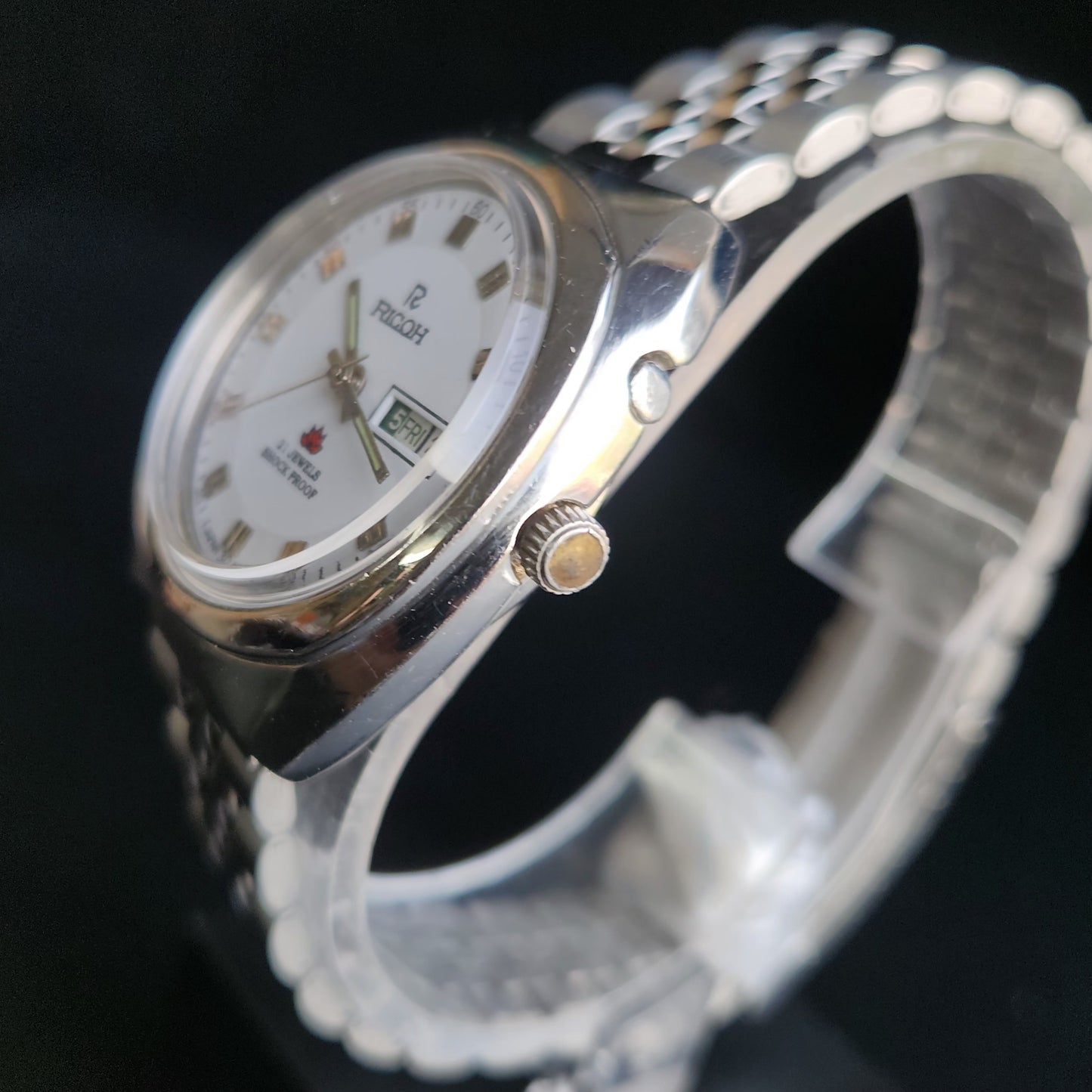 Vintage Ricoh R31 White Face Automatic 21 Jewels Jubliee Bracelet Men's Wrist Watch S144