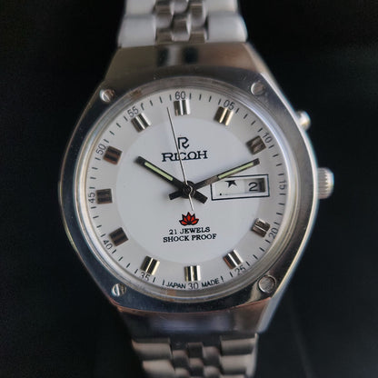 Vintage Ricoh R31 White Face Automatic 21 Jewels Jubliee Bracelet Men's Wrist Watch S145