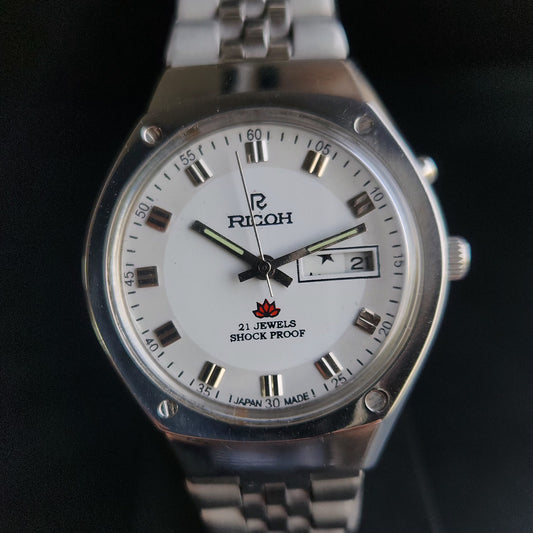 Vintage Ricoh R31 White Face Automatic 21 Jewels Jubliee Bracelet Men's Wrist Watch S145