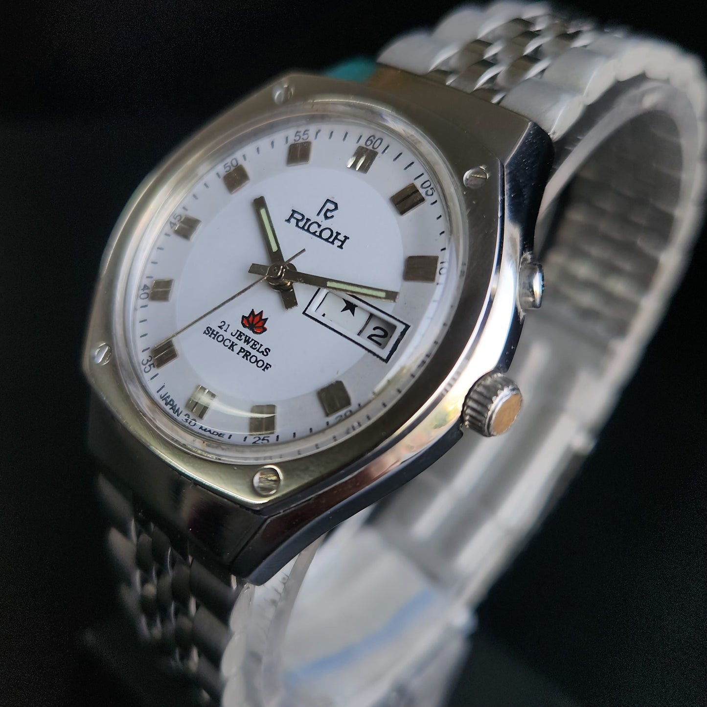 Vintage Ricoh R31 White Face Automatic 21 Jewels Jubliee Bracelet Men's Wrist Watch S145