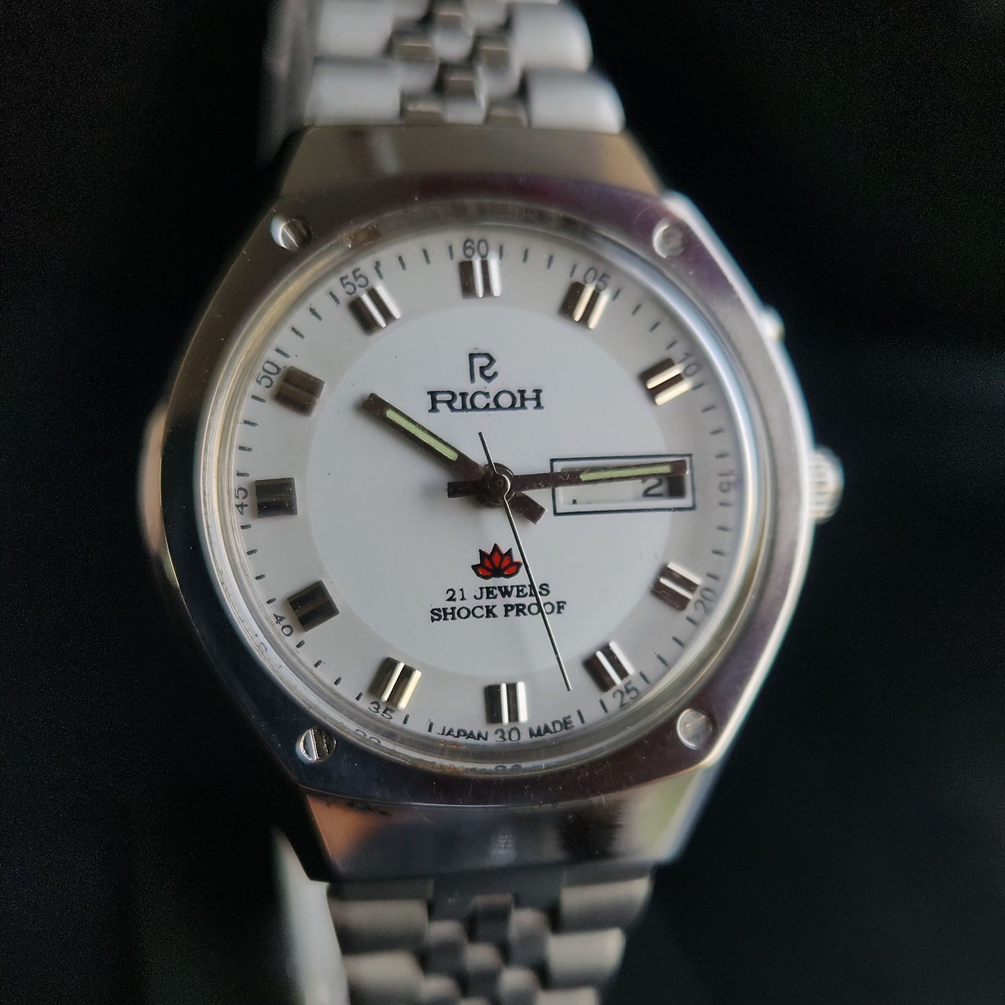 Vintage Ricoh R31 White Face Automatic 21 Jewels Jubliee Bracelet Men's Wrist Watch S145