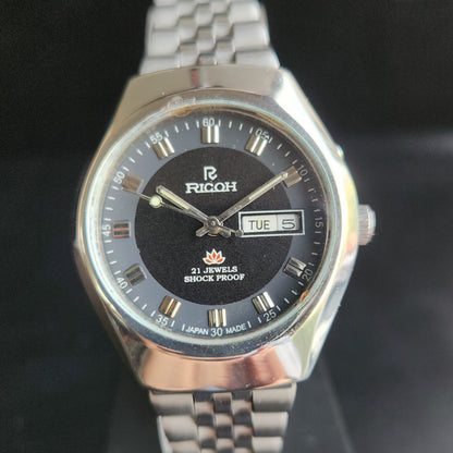 Vintage Ricoh R31 Black Face Automatic 21 Jewels Jubliee Bracelet Men's Wrist Watch S146