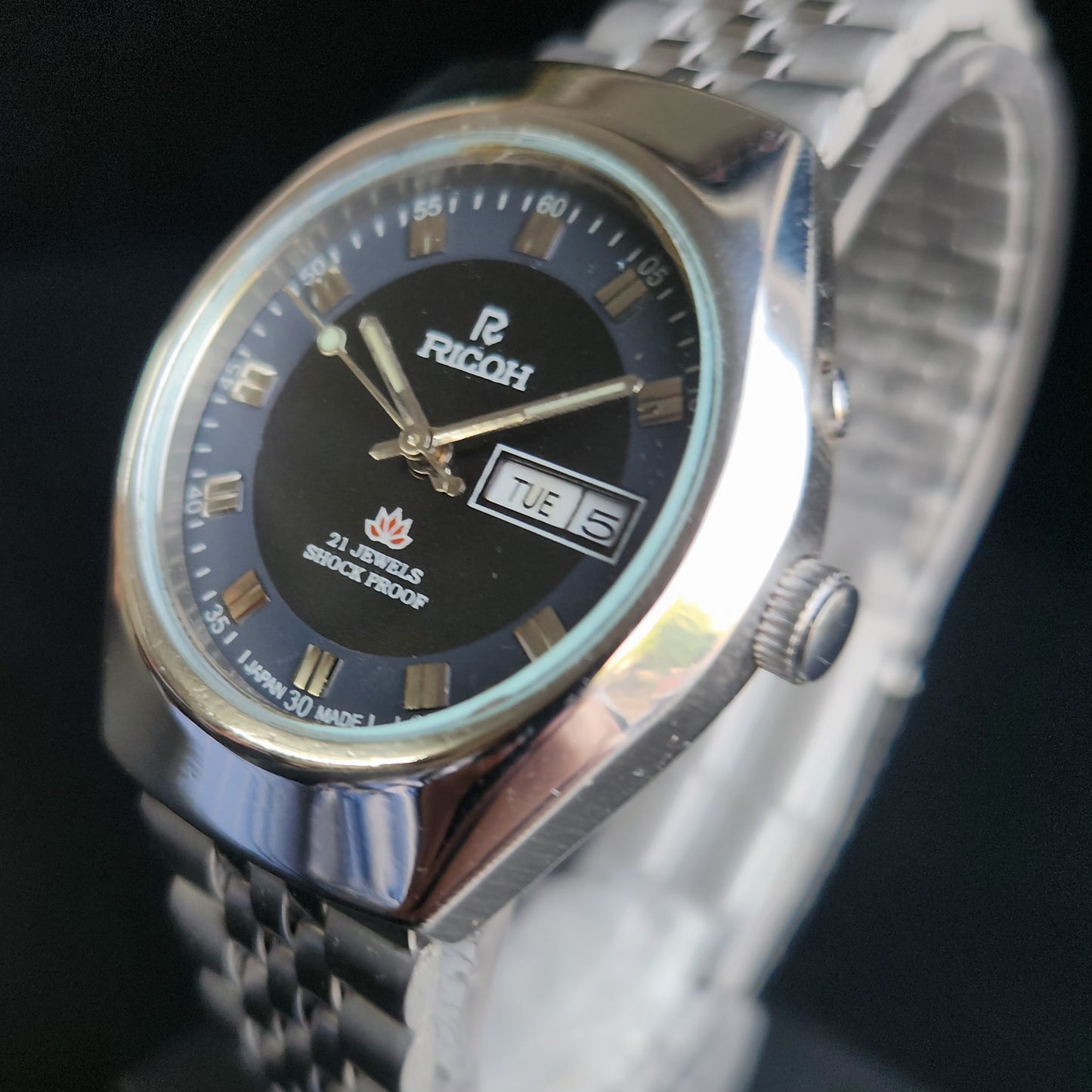 Vintage Ricoh R31 Black Face Automatic 21 Jewels Jubliee Bracelet Men's Wrist Watch S146