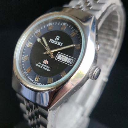 Vintage Ricoh R31 Black Face Automatic 21 Jewels Jubliee Bracelet Men's Wrist Watch S146