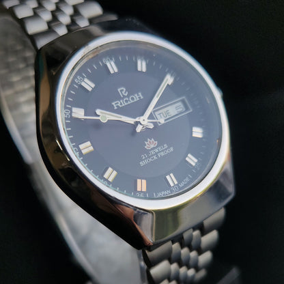 Vintage Ricoh R31 Black Face Automatic 21 Jewels Jubliee Bracelet Men's Wrist Watch S146