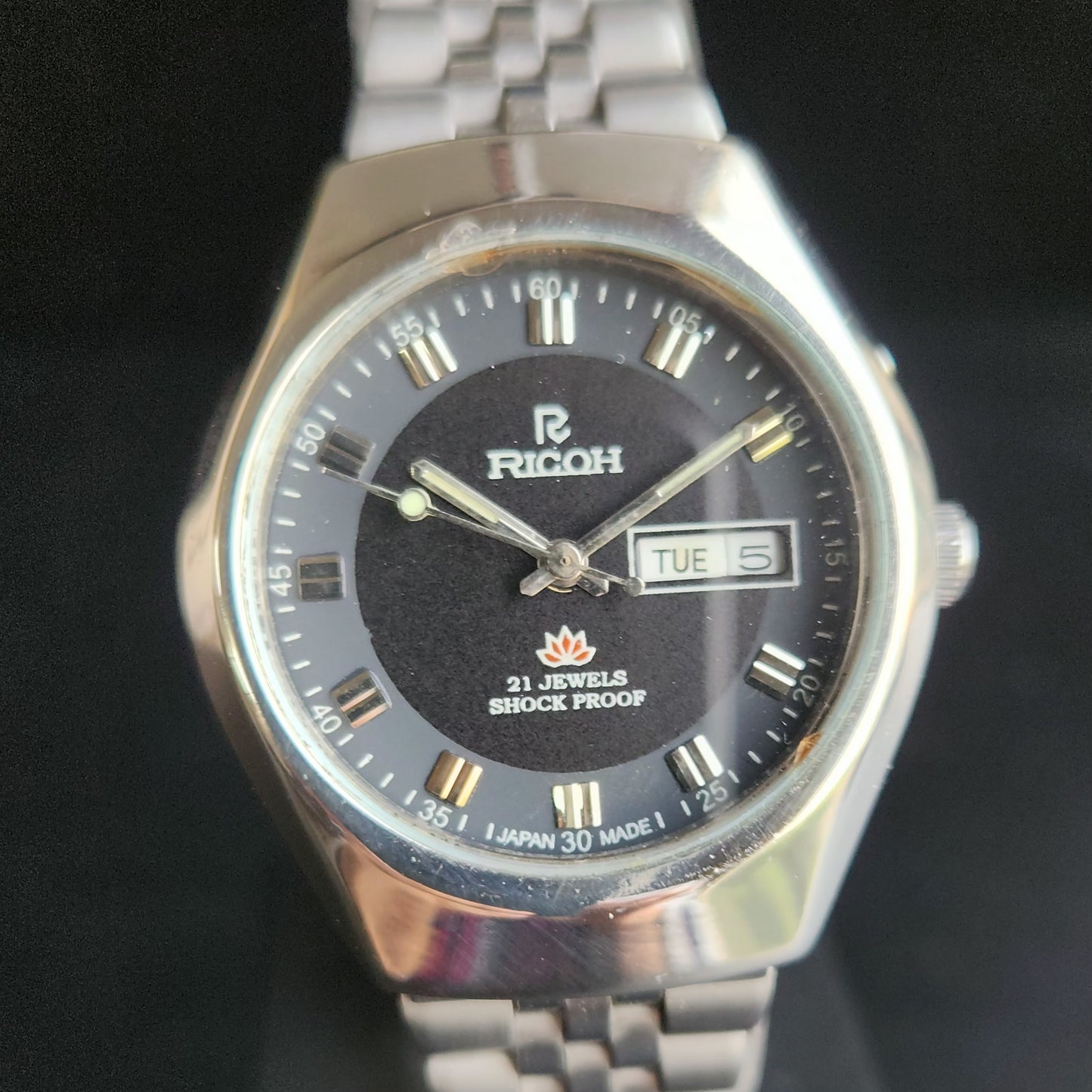 Vintage Ricoh R31 Black Face Automatic 21 Jewels Jubliee Bracelet Men's Wrist Watch S146