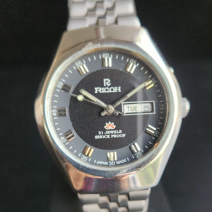 Vintage Ricoh R31 Black Face Automatic 21 Jewels Jubliee Bracelet Men's Wrist Watch S146