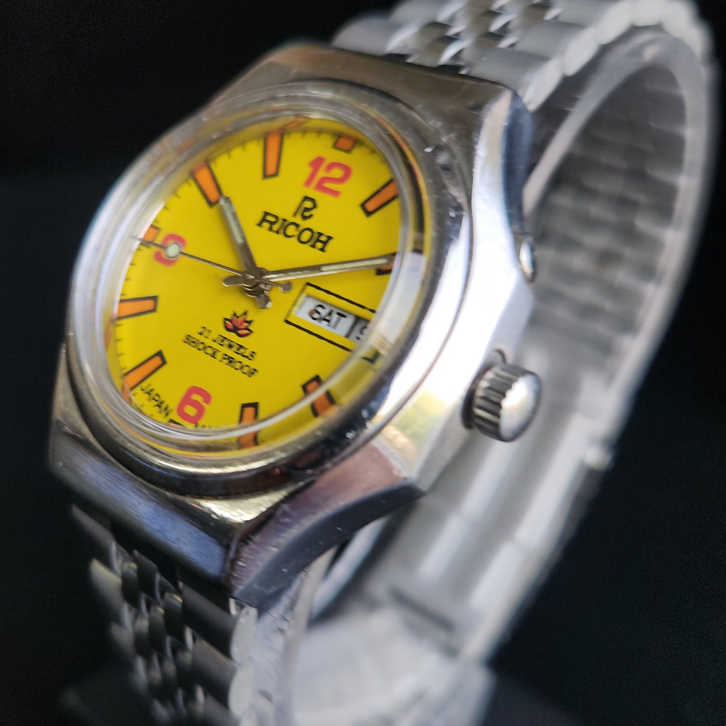 Vintage Ricoh R31 Yellow Face Automatic 21 Jewels Jubliee Bracelet Men's Wrist Watch S147