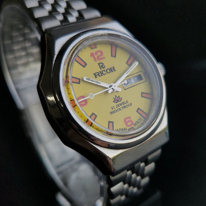 Vintage Ricoh R31 Yellow Face Automatic 21 Jewels Jubliee Bracelet Men's Wrist Watch S147