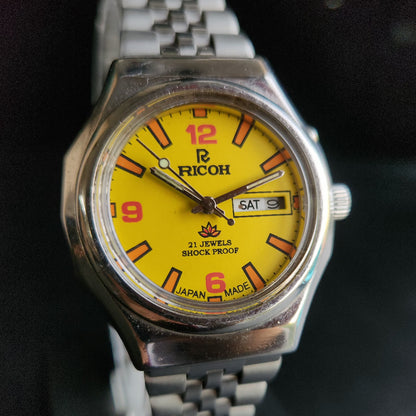 Vintage Ricoh R31 Yellow Face Automatic 21 Jewels Jubliee Bracelet Men's Wrist Watch S147