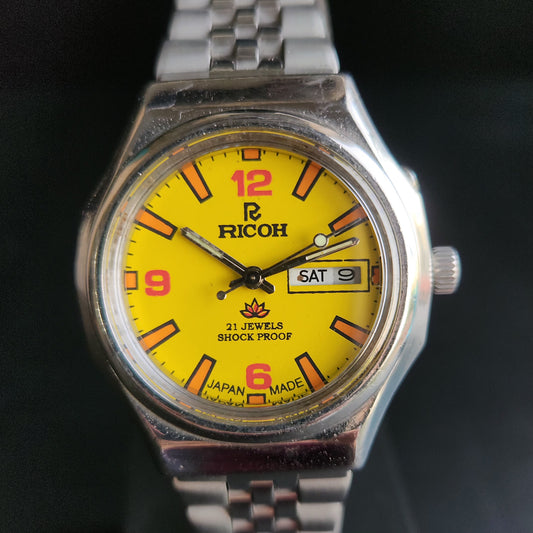 Vintage Ricoh R31 Yellow Face Automatic 21 Jewels Jubliee Bracelet Men's Wrist Watch S147