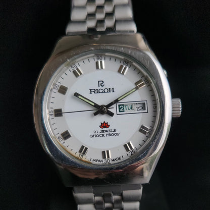 Vintage Ricoh R31 White Face Automatic 21 Jewels Jubliee Bracelet Men's Wrist Watch S155