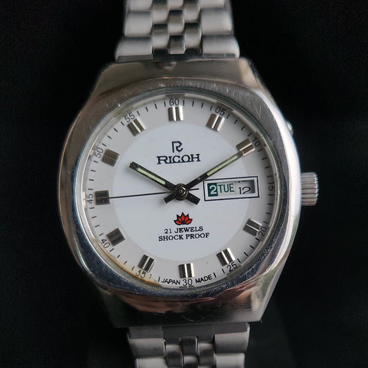 Vintage Ricoh R31 White Face Automatic 21 Jewels Jubliee Bracelet Men's Wrist Watch S155