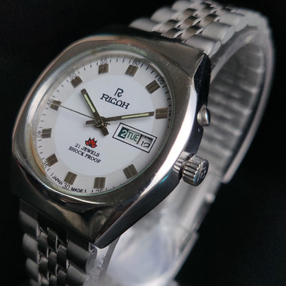 Vintage Ricoh R31 White Face Automatic 21 Jewels Jubliee Bracelet Men's Wrist Watch S155
