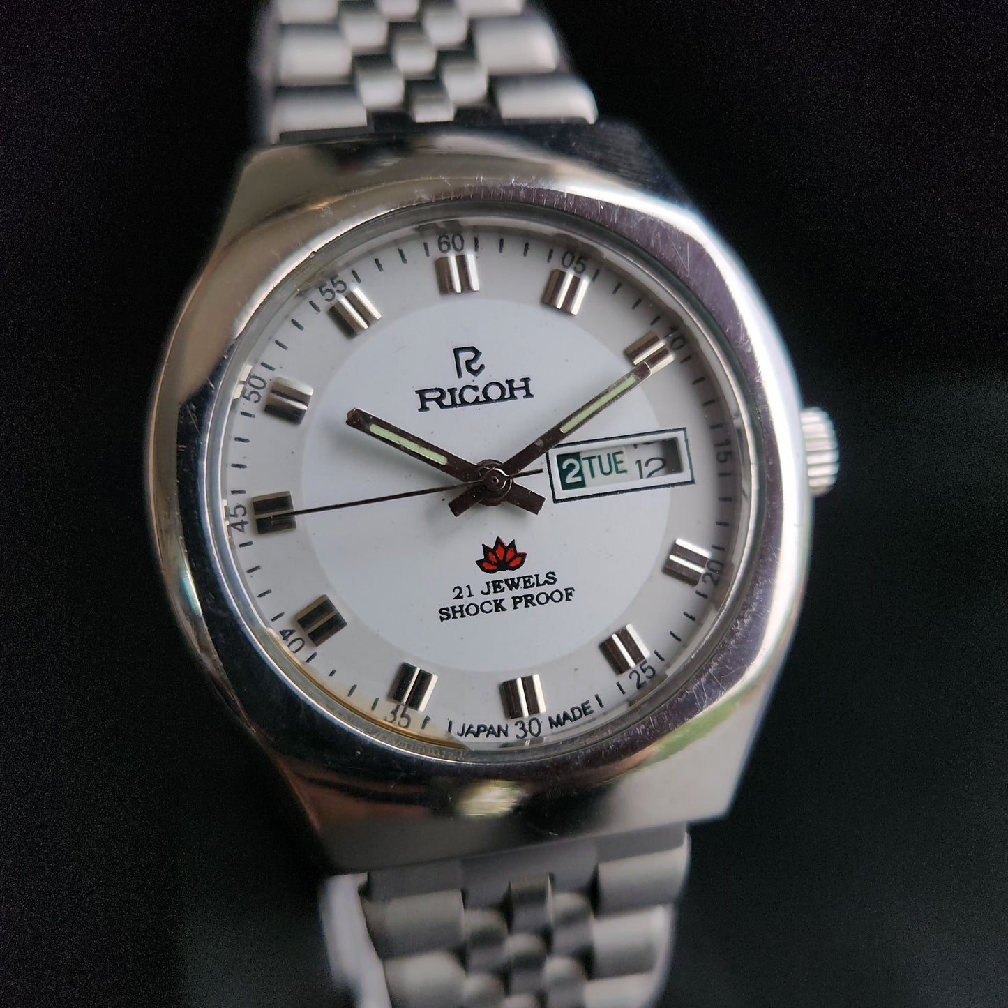 Vintage Ricoh R31 White Face Automatic 21 Jewels Jubliee Bracelet Men's Wrist Watch S155