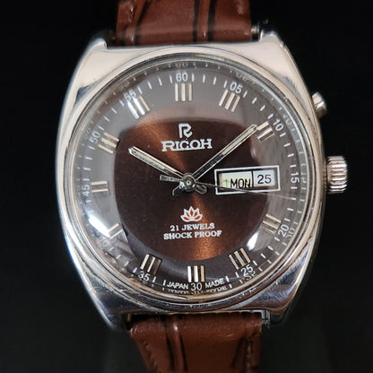 Vintage Ricoh R31 Brown Face Automatic 21 Jewels Brown Croco Leather Strap Men's Wrist Watch S152