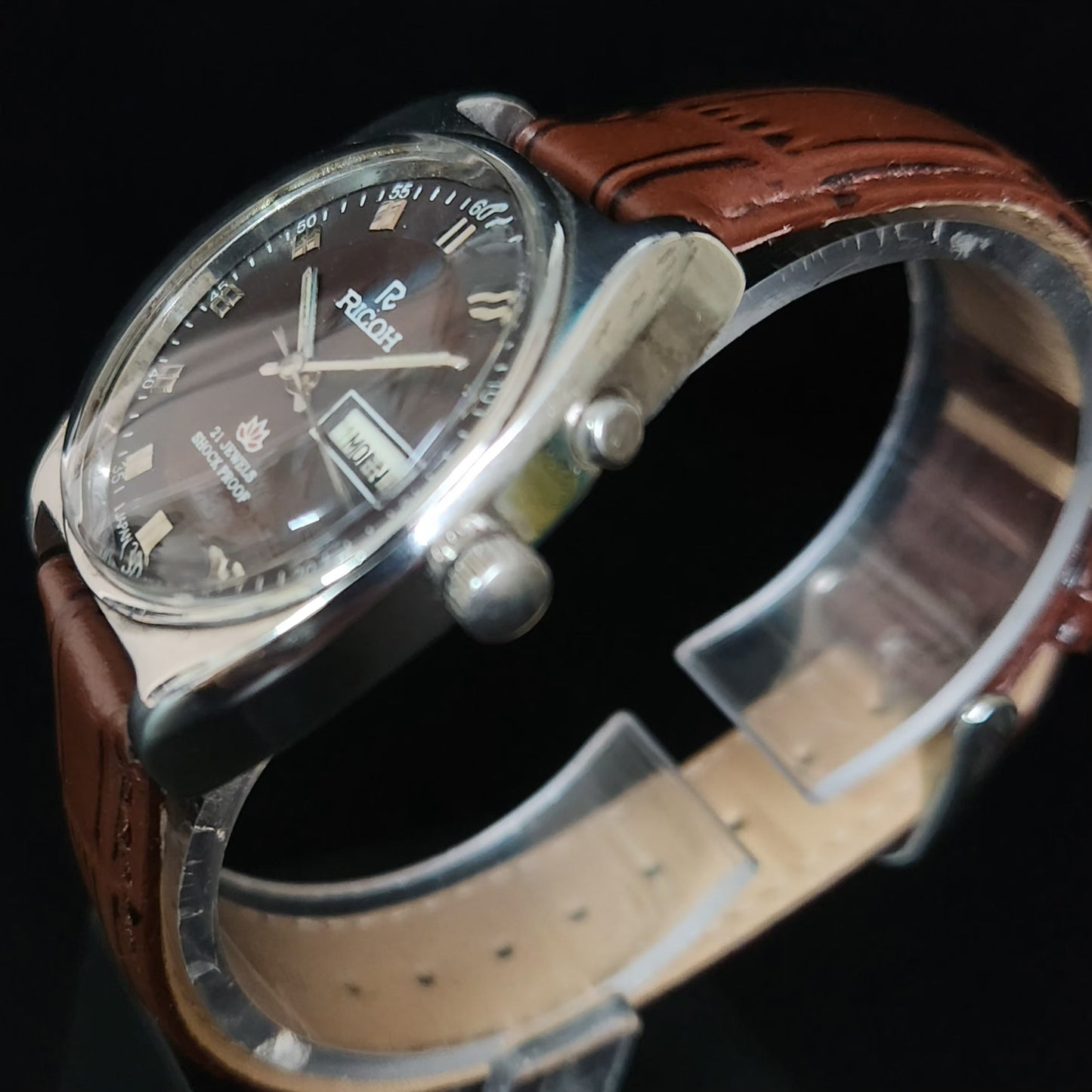 Vintage Ricoh R31 Brown Face Automatic 21 Jewels Brown Croco Leather Strap Men's Wrist Watch S152
