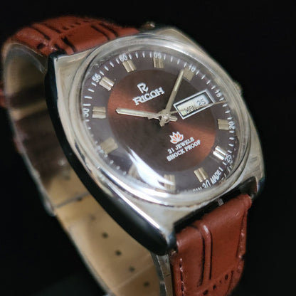 Vintage Ricoh R31 Brown Face Automatic 21 Jewels Brown Croco Leather Strap Men's Wrist Watch S152