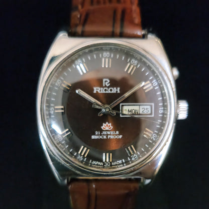 Vintage Ricoh R31 Brown Face Automatic 21 Jewels Brown Croco Leather Strap Men's Wrist Watch S152