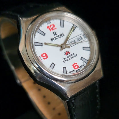 Vintage Ricoh R31 White Face Automatic 21 Jewels Black Croco Leather Strap Men's Wrist Watch S153