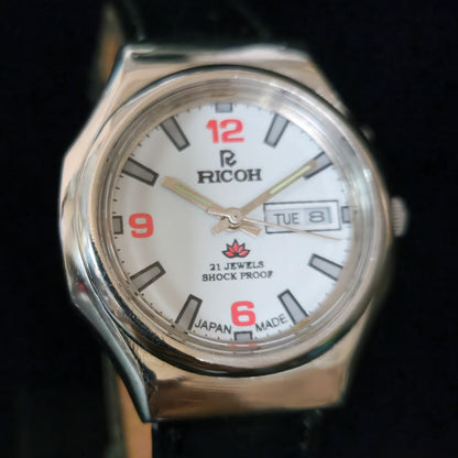 Vintage Ricoh R31 White Face Automatic 21 Jewels Black Croco Leather Strap Men's Wrist Watch S153