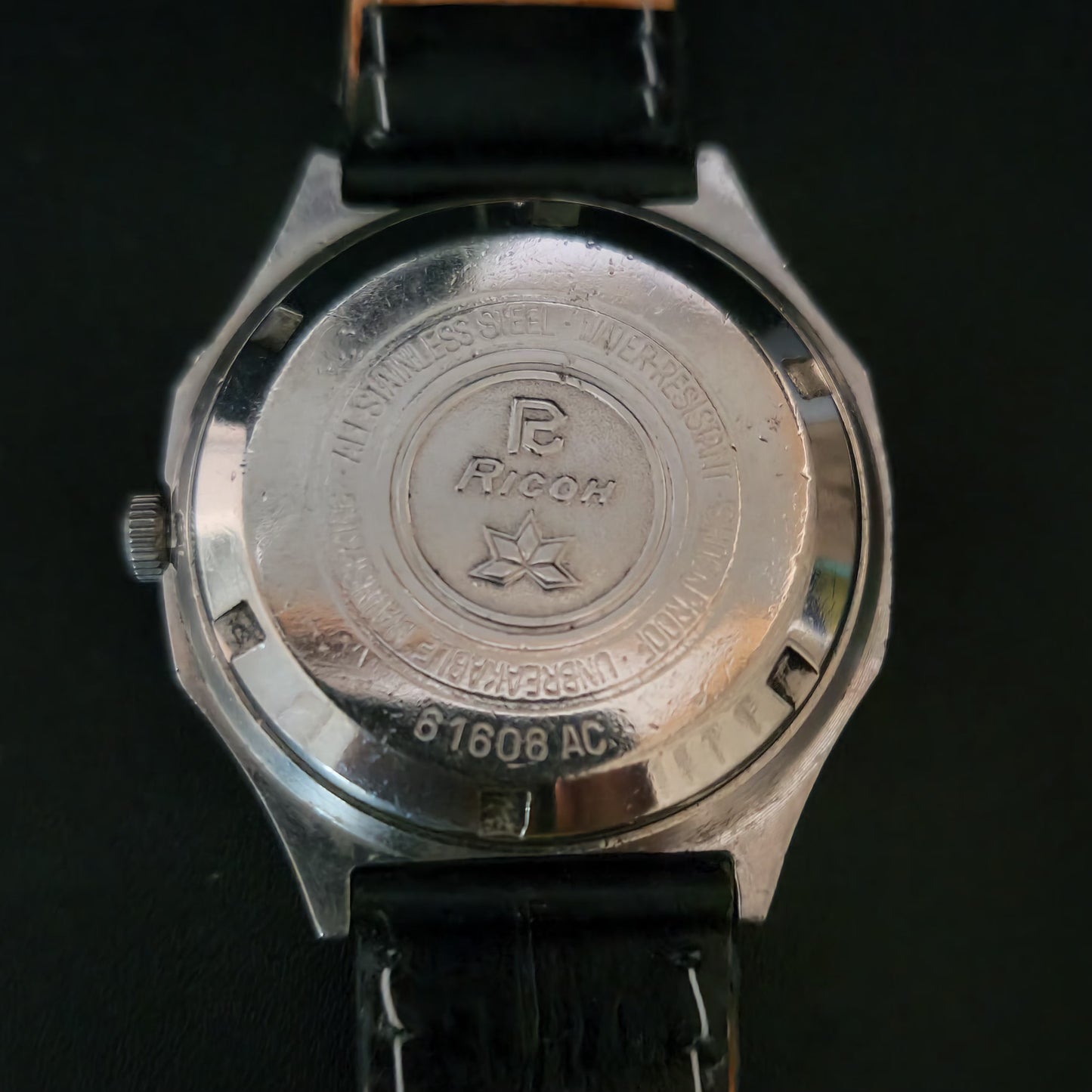 Vintage Ricoh R31 White Face Automatic 21 Jewels Black Croco Leather Strap Men's Wrist Watch S153