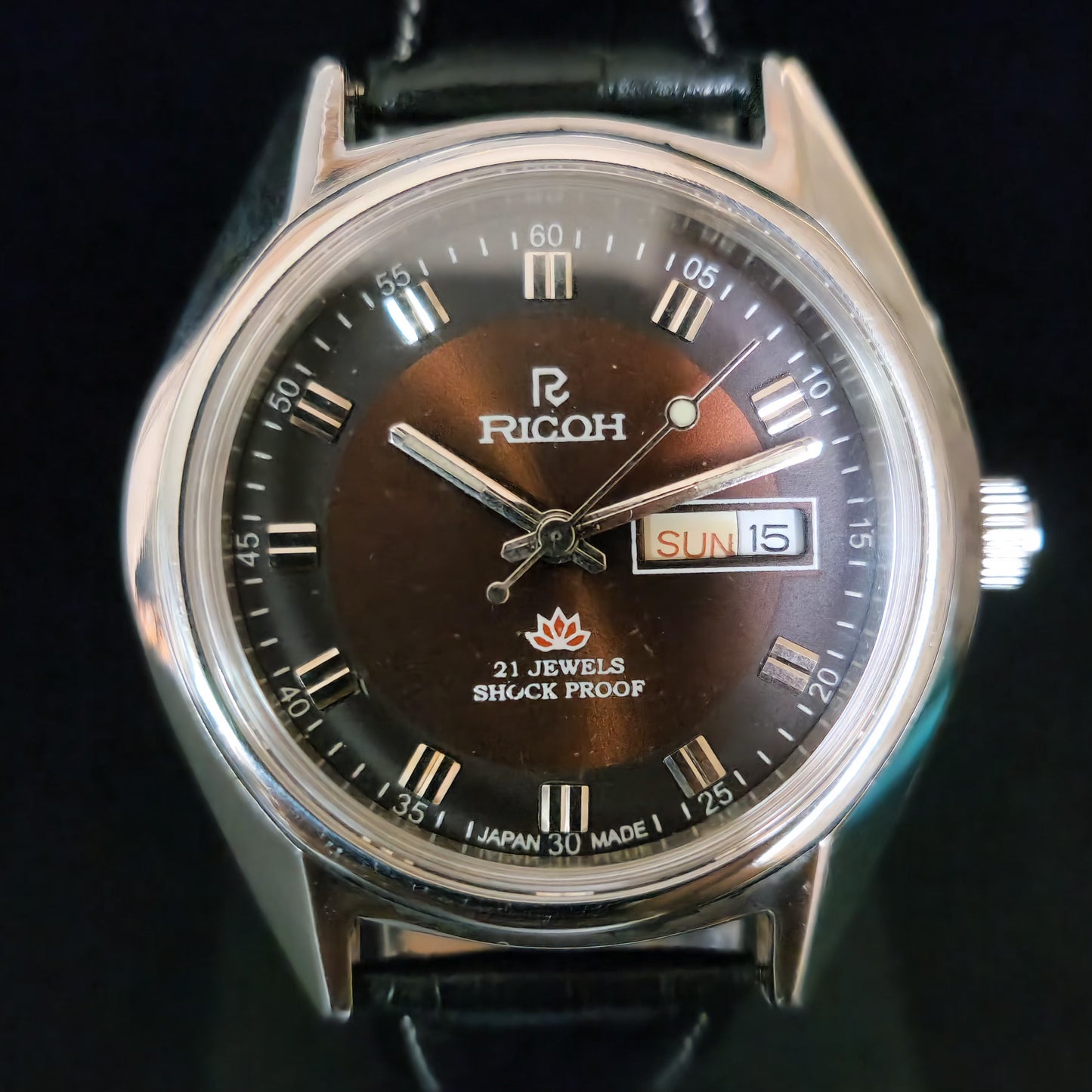 Vintage Ricoh R31 Brown Face Automatic 21 Jewels Black Croco Leather Strap Men's Wrist Watch S154