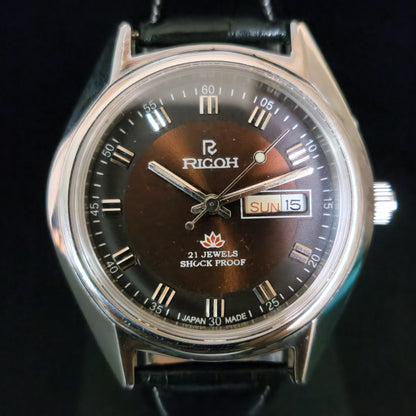 Vintage Ricoh R31 Brown Face Automatic 21 Jewels Black Croco Leather Strap Men's Wrist Watch S154
