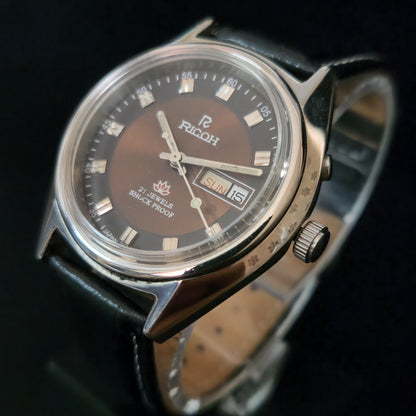 Vintage Ricoh R31 Brown Face Automatic 21 Jewels Black Croco Leather Strap Men's Wrist Watch S154