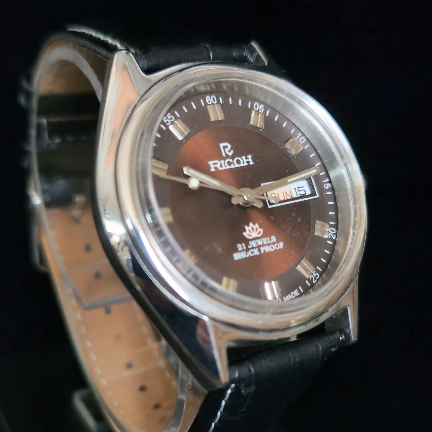 Vintage Ricoh R31 Brown Face Automatic 21 Jewels Black Croco Leather Strap Men's Wrist Watch S154