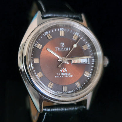 Vintage Ricoh R31 Brown Face Automatic 21 Jewels Black Croco Leather Strap Men's Wrist Watch S154