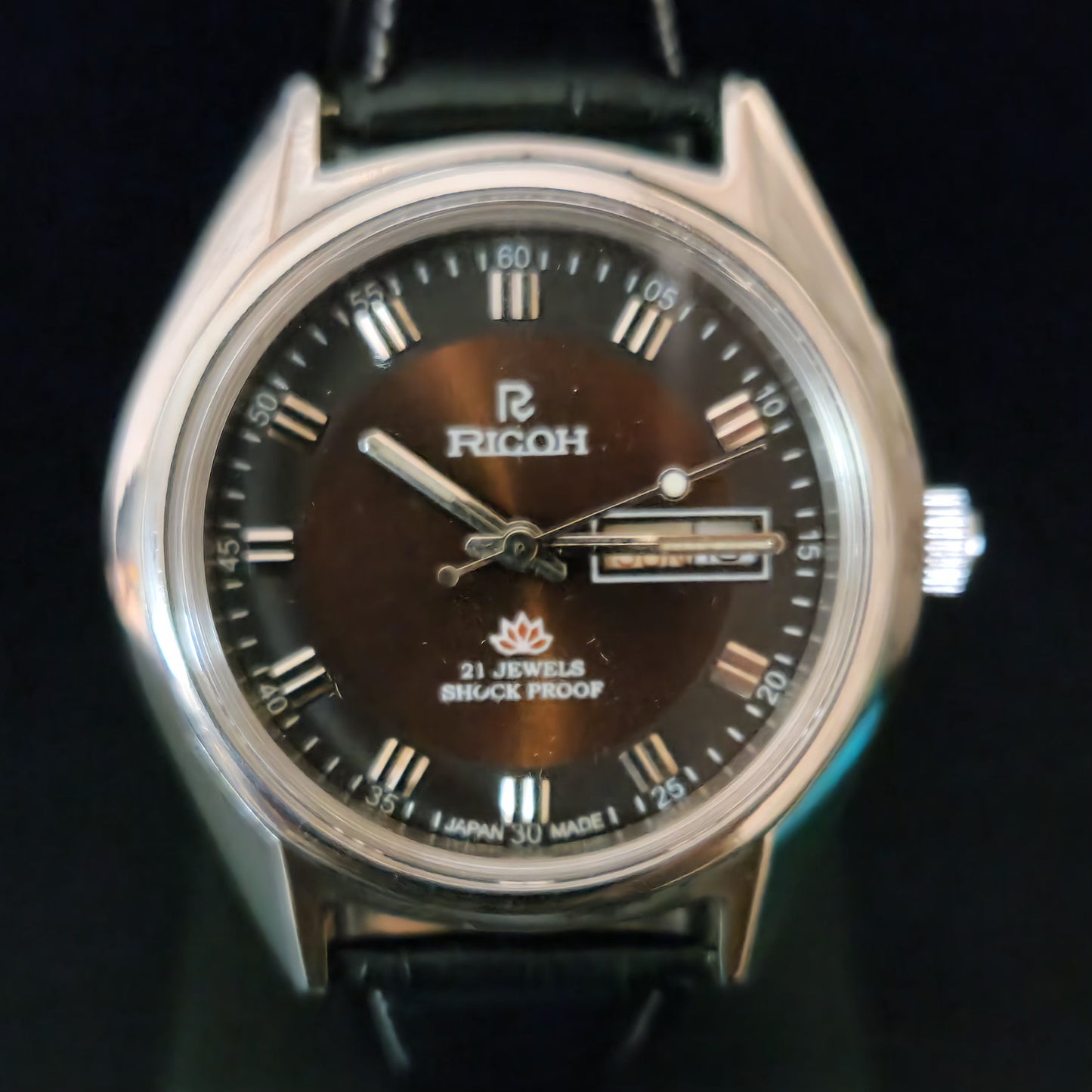 Vintage Ricoh R31 Brown Face Automatic 21 Jewels Black Croco Leather Strap Men's Wrist Watch S154