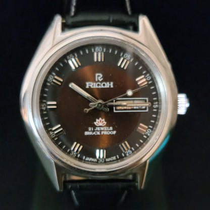 Vintage Ricoh R31 Brown Face Automatic 21 Jewels Black Croco Leather Strap Men's Wrist Watch S154