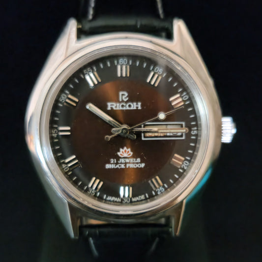 Vintage Ricoh R31 Brown Face Automatic 21 Jewels Black Croco Leather Strap Men's Wrist Watch S154