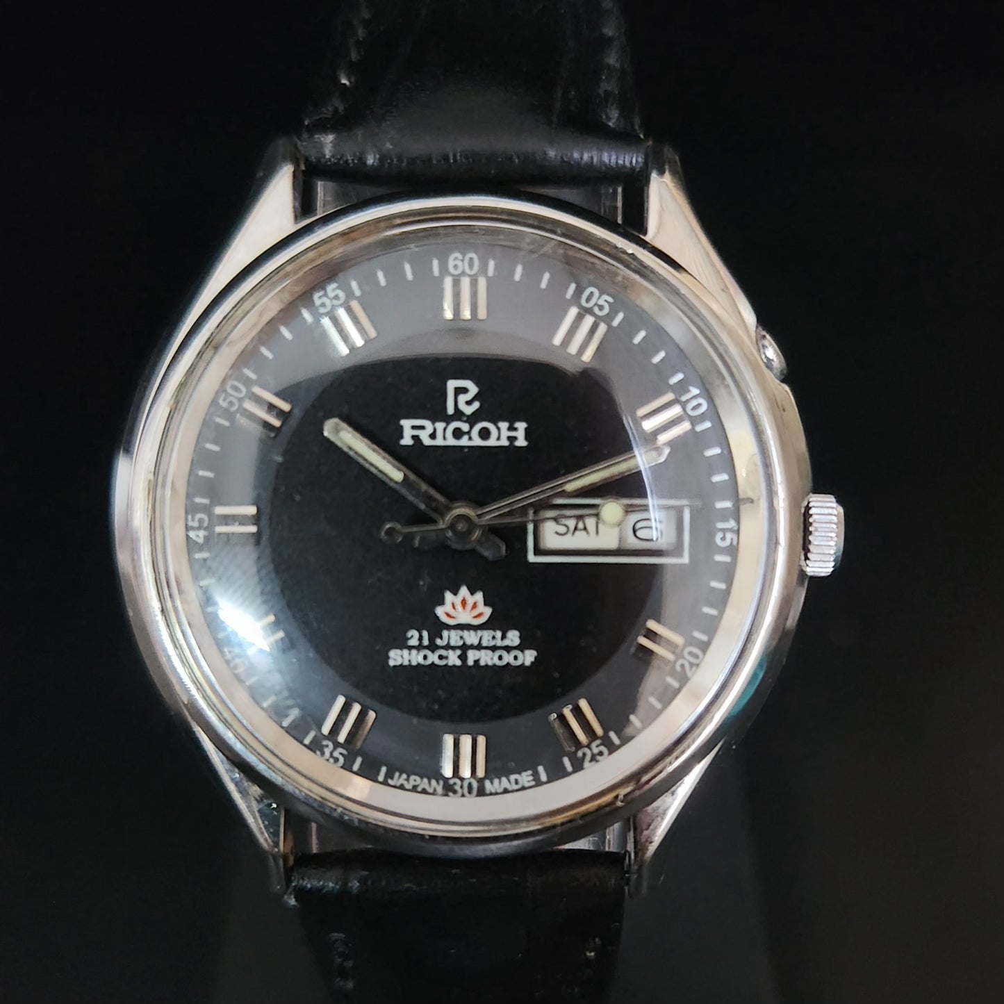 Vintage Ricoh R31 Black Face Automatic 21 Jewels Black Croco Leather Strap Men's Wrist Watch S151
