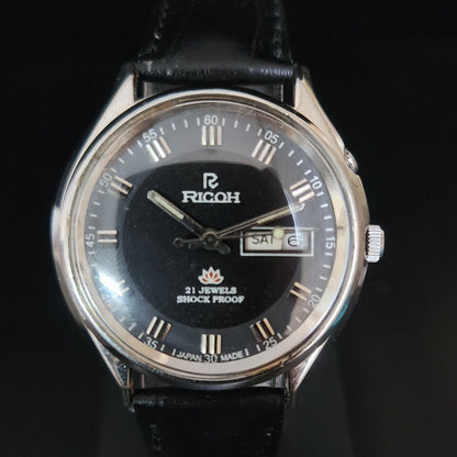 Vintage Ricoh R31 Black Face Automatic 21 Jewels Black Croco Leather Strap Men's Wrist Watch S151