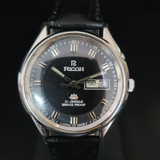 Vintage Ricoh R31 Black Face Automatic 21 Jewels Black Croco Leather Strap Men's Wrist Watch S151