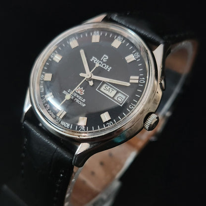 Vintage Ricoh R31 Black Face Automatic 21 Jewels Black Croco Leather Strap Men's Wrist Watch S151