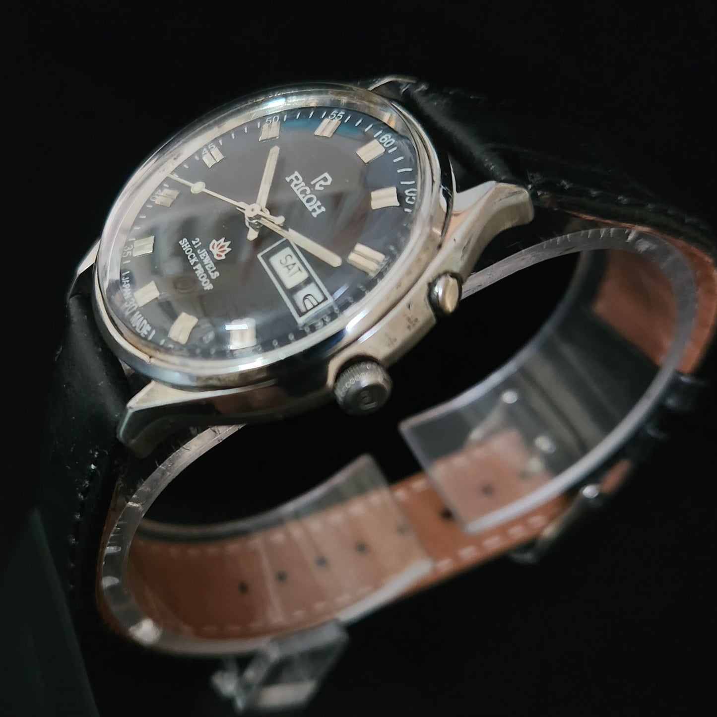 Vintage Ricoh R31 Black Face Automatic 21 Jewels Black Croco Leather Strap Men's Wrist Watch S151