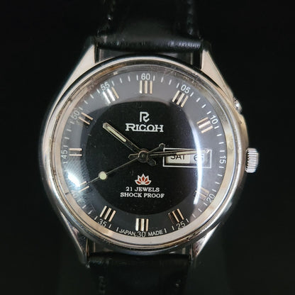 Vintage Ricoh R31 Black Face Automatic 21 Jewels Black Croco Leather Strap Men's Wrist Watch S151