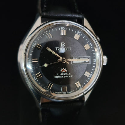 Vintage Ricoh R31 Black Face Automatic 21 Jewels Black Croco Leather Strap Men's Wrist Watch S151