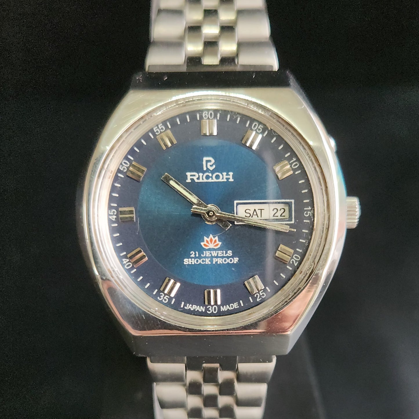 Vintage Ricoh R31 Blue Face Automatic 21 Jewels Jubliee Bracelet Men's Wrist Watch S148