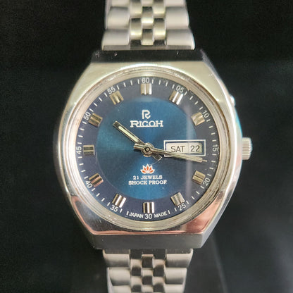 Vintage Ricoh R31 Blue Face Automatic 21 Jewels Jubliee Bracelet Men's Wrist Watch S148