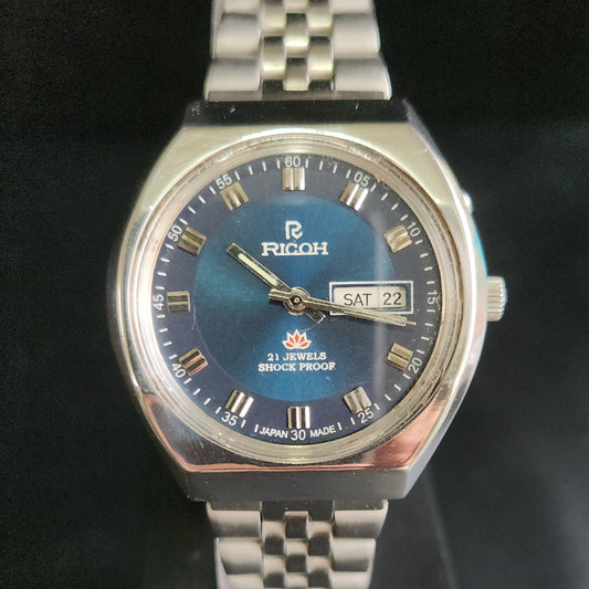 Vintage Ricoh R31 Blue Face Automatic 21 Jewels Jubliee Bracelet Men's Wrist Watch S148