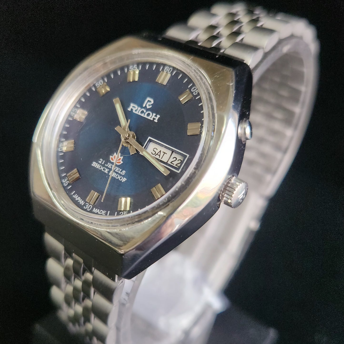 Vintage Ricoh R31 Blue Face Automatic 21 Jewels Jubliee Bracelet Men's Wrist Watch S148